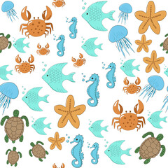 Seamless pattern of the marine theme- Crabs Fishes Seahorse Turtles Starfishes Jellyfishes on white background Hand drawn Perfect for wallpapers, web page backgrounds, surface textures, fabric, paper.