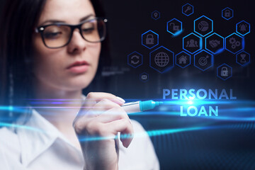 Business, Technology, Internet and network concept. Young businessman working on a virtual screen of the future and sees the inscription: Personal loan