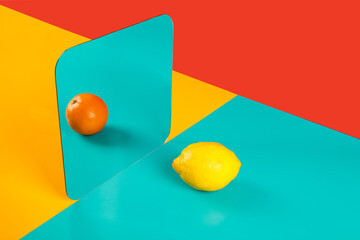 Vibrant background with mirror reflection of fresh orange as lemon on blue surface in composition with empty red and yellow areas like concept of perception in three dimensional space and distortion of imagination