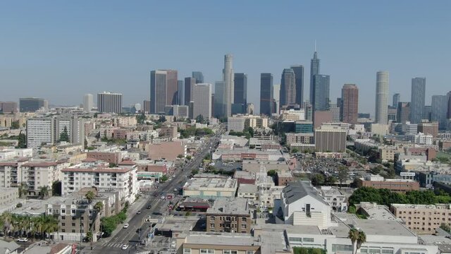 Los Angeles Downtown Skyline From Westlake Aerial Shot Right