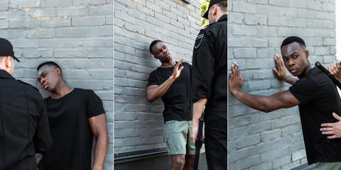 Collage of worried African American man looking at policeman and standing near brick wall, racism...