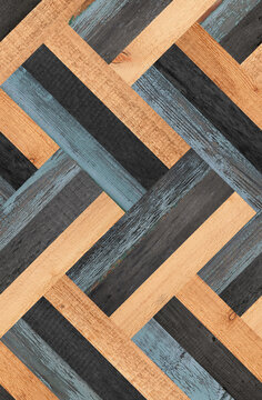 Texture of weathered wooden boards. Old multicolored  parquet floor with geometric pattern. 