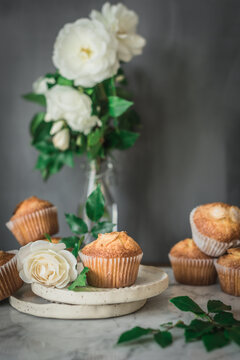 Still life of tasty yogurt cupcakes on round plates in arrangement with green leaves and aromatic white roses in glass vase on marble table against gray wall in kitchen