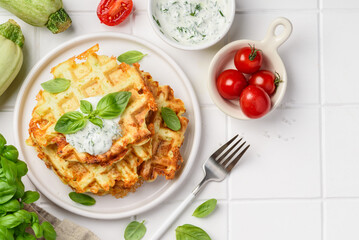 Zucchini cheese waffles with sour cream sauce with garlic and dill.  Top view. Copy space