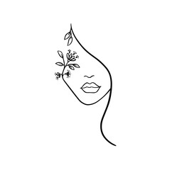 Woman face with flowers one line drawing. Flower bouquet in woman head single line art. making business cards posters for beauty salons nail stickers