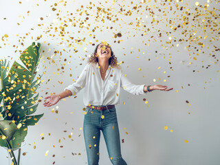 Beautiful young woman in stylish outfit laughing and looking up while standing under falling golden confetti against white wall