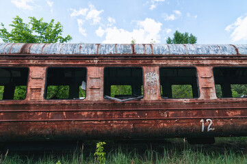 Abandoned train station in Prypiat, Chernobyl exclusion Zone. Chernobyl Nuclear Power Plant Zone of...