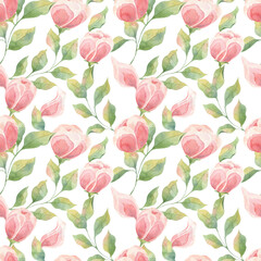 Seamless patterns with pink flowers, buds and leaves. Watercolor painting, summer design, flower buds on a white background. Design for fabrics, weddings, gifts, postcards.