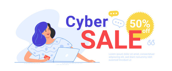 Cyber sale up to 50 off for online shopping. Flat line vector illustration of cute woman sitting alone with laptop and holding a credit card in her hand. Creative banner for sale on white background