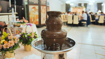 Chocolate fountain at a wedding celebration in europe.