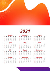 English calendar of 2021. Week starts on Sunday. Office supplies design. Business template. Abstract colorful illustration.