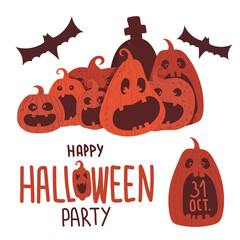 Halloween party items isolate: pumpkins, "Halloween" lettering, bat. Elements for a poster, banner, website, invitation cards. Vector.
