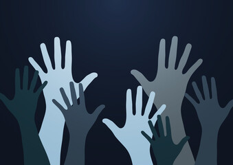 People raise their hands, vote with their hands. The concept of multinationality, diversity, union and power. Volunteering, charity, donations and solidarity. Vector
