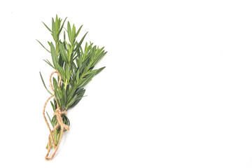 Fresh green rosemary isolated on white, top view. Aromatic herb.