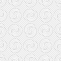 Fototapeta na wymiar Vector geometric seamless pattern. Repeating monochrome geometric pattern with circles on the background of oblique lines.