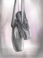 Ballerina's Pointe shoes drawing. Hand drawn pencil stock illustration of hanging white pointe shoes on the backstage of theatre. Black and white ballerina's shoes. Trendy design for ballet poster. © Chris