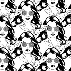 Vector pattern with hand drawn illustration of  girls.  Template for card, poster, banner, print for t-shirt, pin, badge, patch.