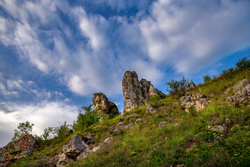 Dnister River Canyon with sharp hills above the river. Beautiful places to relax