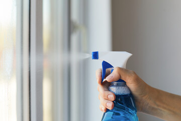 Close-up of woman using cleanser spray to clean the window at home