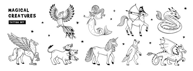 Magical creatures set. Mythological animals. Doodle style black and white vector illustration isolated on white background. Tattoo design or coloring page, Line Art. horizontal page.