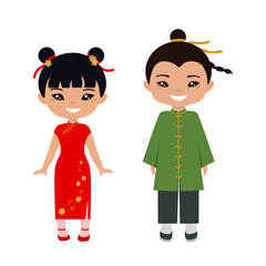 Cute characters Chibi Kawaii in national costume of China. Flat cartoon style