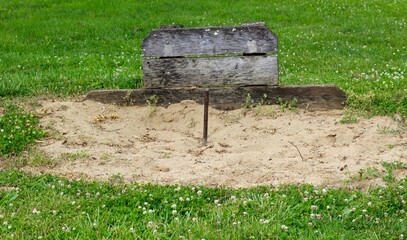 A close view of the horseshoe sand pit in the backyard.