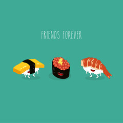 sushi omelet caviar shrimp friends forever funny image. Vector illustration. - 364567878