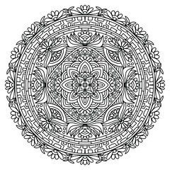 Fototapeta premium mandala with flowers and ornaments in folk style drawn on a white background for coloring, vector