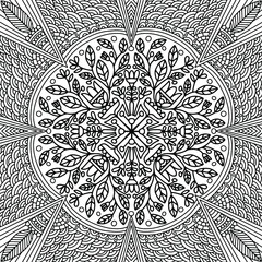 abstract mandala with ornaments and flowers in folk style drawn on a white background for coloring, vector