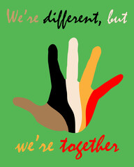 Open palm with fingers painted in the colors of the races on a green background with the inscription 
