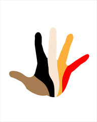 Open palm with fingers painted in the colors of the races. Vector image
