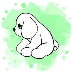 Small plush puppy doll. White dog sitting on blue splash background. Cute, fluffy childish pet for prints, apparel, clothing. Kids cartoon character with sad looking eyes. Thin lines design toy. 