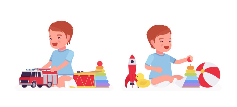 Toddler Child, Little Boy Enjoys Playing With Toys. Cute Sweet Happy Healthy Baby Aged 12 To 36 Months Wearing Blue Tee Shirt And Diaper. Vector Flat Style Cartoon Illustration