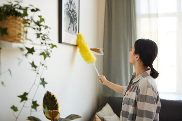 Young maid wiping the dust with brush from the picture in the living room at home