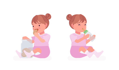 Toddler child, little girl enjoys eating cookies, drinking from bottle, getting nutrition. Cute sweet happy healthy baby aged 12, 36 months, wearing pink dress. Vector flat style cartoon illustration