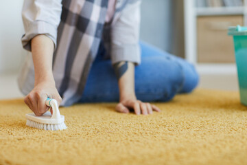 Close-up of housekeeper sitting on the floor and washing the carpet with brush at home