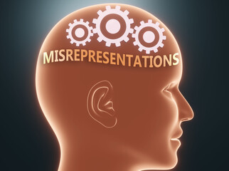 Misrepresentations inside human mind - pictured as word Misrepresentations inside a head with cogwheels to symbolize that Misrepresentations is what people may think about, 3d illustration