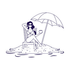 young woman relaxing on the beach seated in chair and umbrella