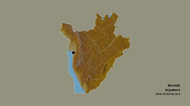Bubanza, province of Burundi, with its capital, localized, outlined and zoomed with informative overlays on a relief map in the Stereographic projection. Animation 3D