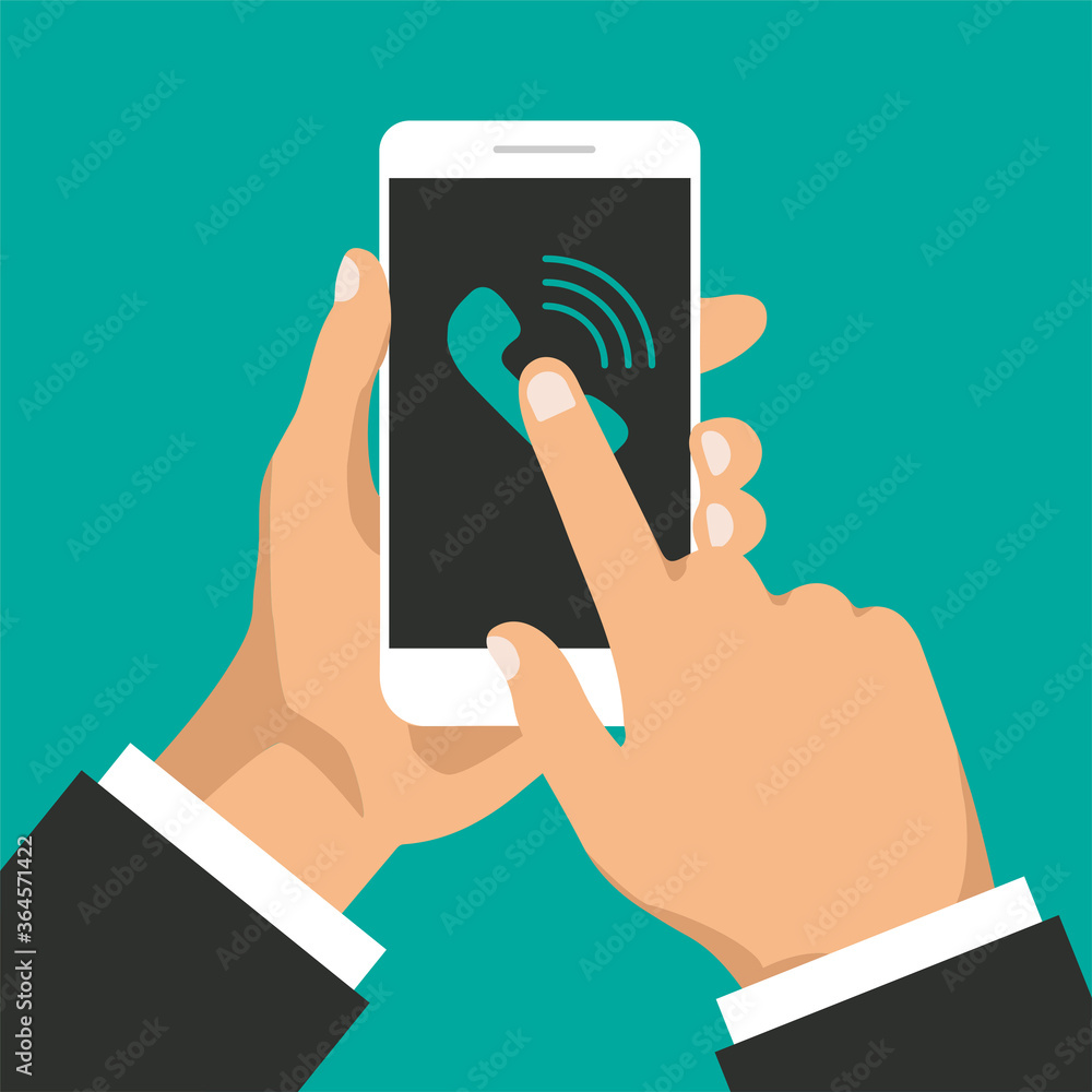 Poster hand holds smartphone with incoming call on a screen. calling service concept. answer the call. vect