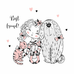 Cute girl with a cat and a dog. My friends. Vector.