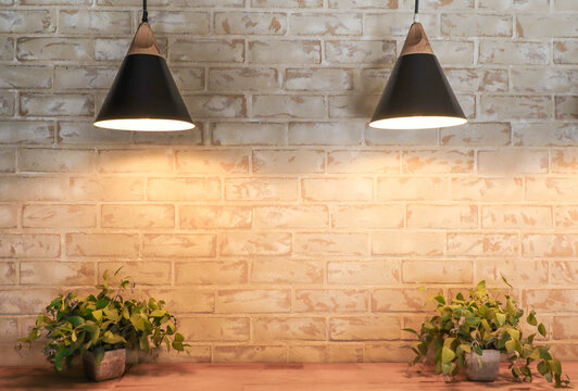 Brick wall with lights and plants