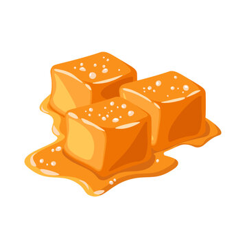 Piece of salted caramel isolated on white background. Melted appetizing caramel cubes. Vector illustration.