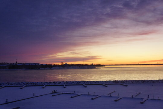 Sunset In Winter Over Kingston Marina In Canada.