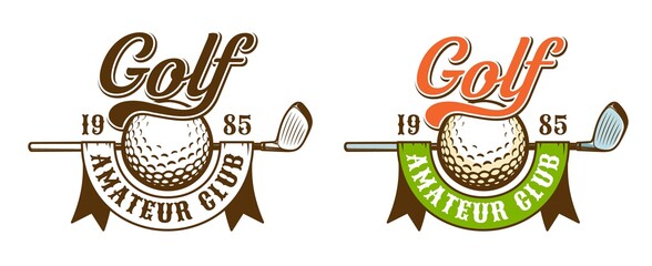 Golf retro sport logo. Golf ball and club with ribbon - vintage emblem. Vector illustration.