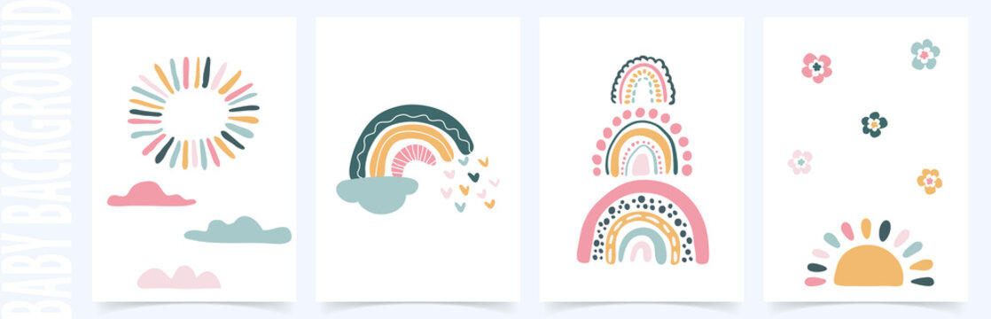 Vector background with hand drawn rainbows and sun. Trendy baby texture