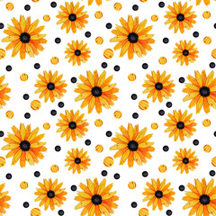 Seamless pattern with vintage yellow-orange flowers and polka dots  on white background