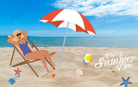 mélange entre une image et un dessin représentant une femme dans un transat avec ballon, pelle, étoile de mer avec slogan "enjoy summer time" 