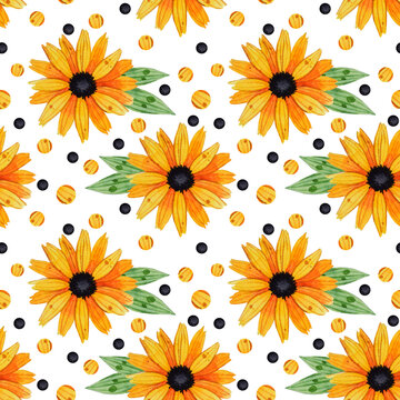 Seamless pattern with vintage yellow-orange flowers, green leaves and polka dots on white background