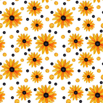 Seamless pattern with vintage yellow-orange flowers and polka dots  on white background